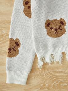 SHEIN 女大童熊圖案仿舊邊落肩袖套頭毛衣 - 白色 - 查看 3