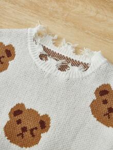 SHEIN 女大童熊圖案仿舊邊落肩袖套頭毛衣 - 白色 - 查看 5