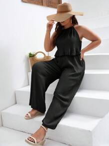 SHEIN Frenchy Plus Solid Halter Top & Wide Leg Pants - Black - View 1