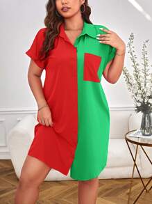 SHEIN Essnce Plus Two Tone Batwing Sleeve Shirt Dress - Multicolor - View 4