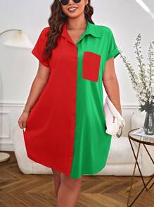 SHEIN Essnce Plus Two Tone Batwing Sleeve Shirt Dress - Multicolor - View 5