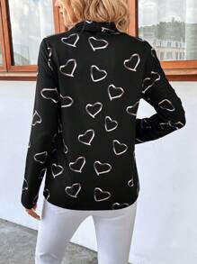 SHEIN LUNE Heart Print Half Zip Sweatshirt - Black - View 2