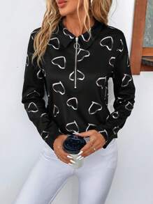 SHEIN LUNE Heart Print Half Zip Sweatshirt - Black - View 3