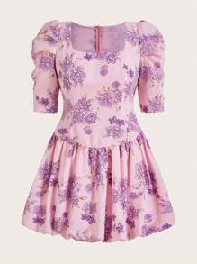 SHEIN Unity 印花泡泡袖連衣裙 - 粉色 - 查看 1