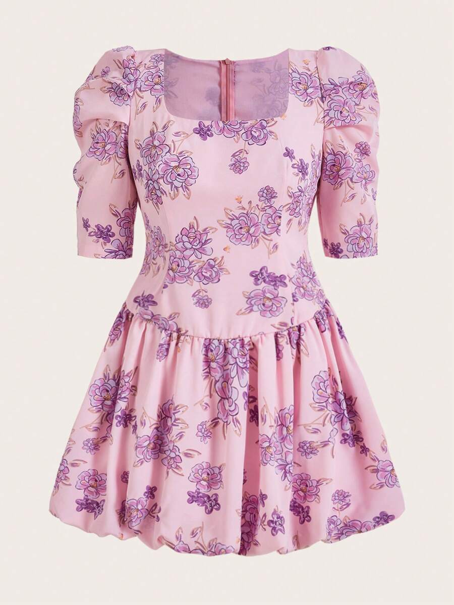 SHEIN Unity 印花泡泡袖連衣裙 - 粉色 - 查看 1