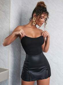 Apperloth A Váy quần da PU co giãn cạp cao xẻ tà phong cách punk gợi cảm dành cho lễ hội âm nhạc mùa hè - màu đen - Xem 3