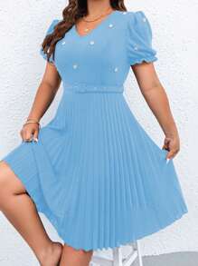 Celure 大碼珍珠釘珠泡泡袖百褶下擺繫腰帶洋裝 - 薄荷藍 - 查看 1