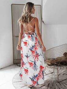 Simplee 印花露背圍裹式開衩吊带連衣裙 - 彩色 - 查看 2