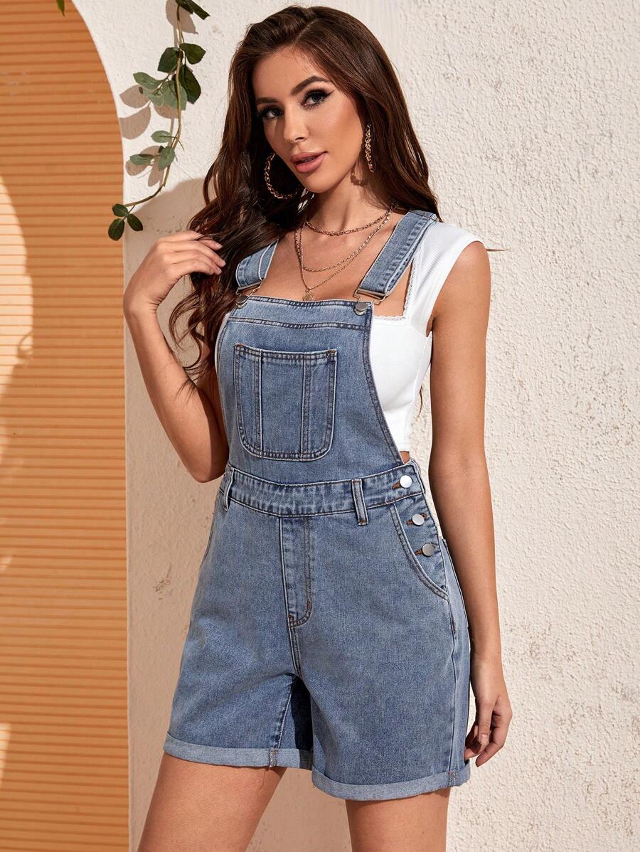 SHEIN Unity Quần yếm & áo liền quần denim dành cho nữ Nút Túi màu trơn Giải trí - Rửa nhẹ - Xem 1