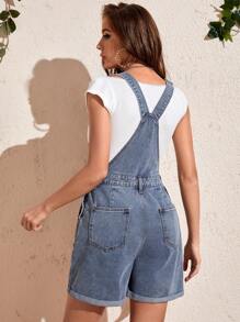 SHEIN Unity Quần yếm & áo liền quần denim dành cho nữ Nút Túi màu trơn Giải trí - Rửa nhẹ - Xem 2