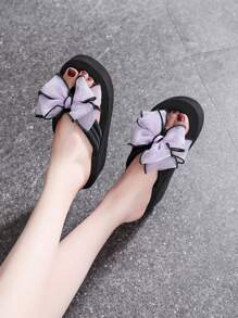 1 双女士蝴蝶结装饰厚底人字拖正装凉鞋，时尚高跟夏季人字拖凉鞋 - 淡紫色 - 查看 1