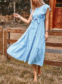 SHEIN Clasi 條紋印花荷葉邊繫腰帶連衣裙 - 藍白色 - 查看 1