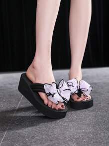 1 双女士蝴蝶结装饰厚底人字拖正装凉鞋，时尚高跟夏季人字拖凉鞋 - 淡紫色 - 查看 2