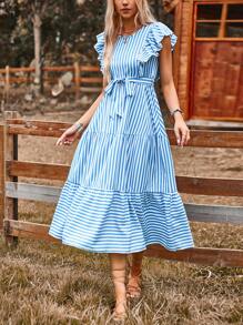 SHEIN Clasi 條紋印花荷葉邊繫腰帶連衣裙 - 藍白色 - 查看 3