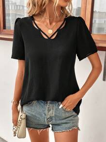 SHEIN LUNE Blusa unicolor con abertura de manga farol - Negro - Ver 1