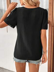 SHEIN LUNE Blusa unicolor con abertura de manga farol - Negro - Ver 2
