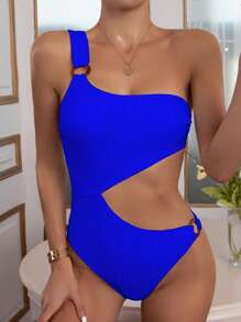 鏤空環鏈單肩連體泳衣