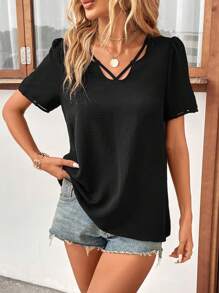 SHEIN LUNE Blusa unicolor con abertura de manga farol - Negro - Ver 3