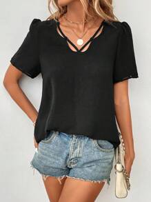 SHEIN LUNE Blusa unicolor con abertura de manga farol - Negro - Ver 4