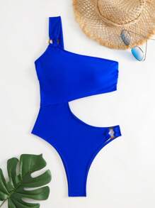 鏤空環鏈單肩連體泳衣