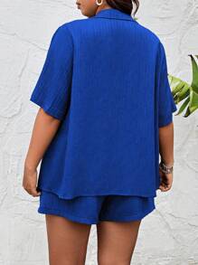 SHEIN LUNE 大碼素色前紐扣襯衫&短褲 - 寶藍色 - 查看 2