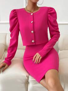 SHEIN LUNE 羊腿袖夾克&緊身連衣裙 - 玫紅色 - 查看 3