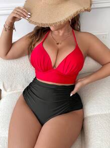 SHEIN Swim Curve Plus Solid Ruched Halter Wireless Bikini Top - Red - View 1