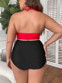 SHEIN Swim Curve Plus Solid Ruched Halter Wireless Bikini Top - Red - View 2