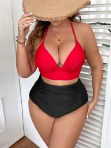 SHEIN Swim Curve Plus Solid Ruched Halter Wireless Bikini Top - Red - View 3