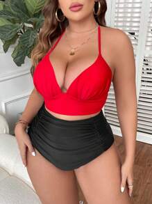 SHEIN Swim Curve Plus Solid Ruched Halter Wireless Bikini Top - Red - View 4