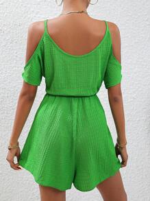 SHEIN Privé Cold Shoulder Ruffle Trim Romper - Green - View 2