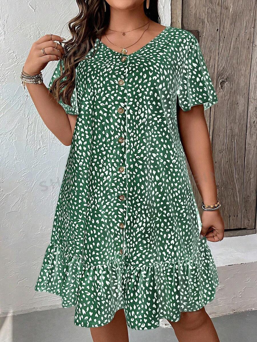 SHEIN LUNE Plus rochie smock cu tiv cu volane cu imprimeu peste tot - Verde inchis - Vizualizare 1