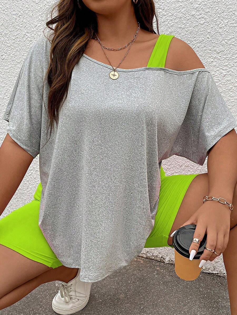 SHEIN Unity Plus Asymmetrical Neck Batwing Sleeve Tee & Cycling Shorts - Multicolor - View 1