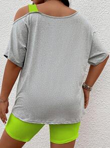 SHEIN Unity Plus Asymmetrical Neck Batwing Sleeve Tee & Cycling Shorts - Multicolor - View 2