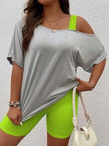 SHEIN Unity Plus Asymmetrical Neck Batwing Sleeve Tee & Cycling Shorts - Multicolor - View 4