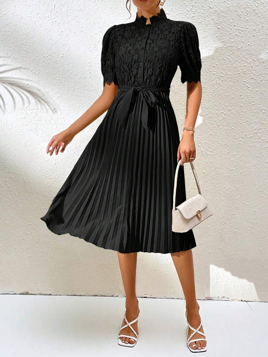 Chiquease Contrast Lace Pleated Hem Belted Dress - Black - View 1