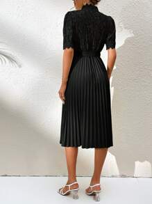 Chiquease Contrast Lace Pleated Hem Belted Dress - Black - View 2