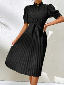 Chiquease Contrast Lace Pleated Hem Belted Dress - Black - View 3