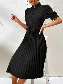Chiquease Contrast Lace Pleated Hem Belted Dress - Black - View 4