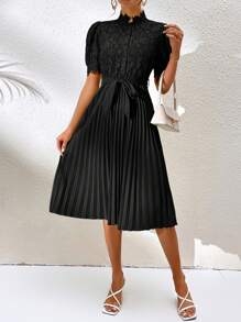 Chiquease Contrast Lace Pleated Hem Belted Dress - Black - View 5