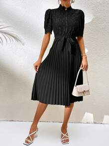 Chiquease Contrast Lace Pleated Hem Belted Dress - Black - View 6