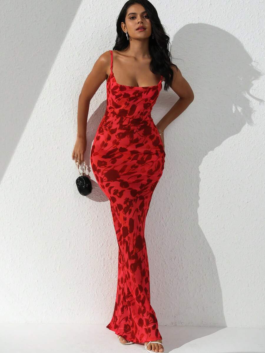 滿版印花魚尾裙下擺吊帶連衣裙