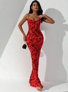 滿版印花魚尾裙下擺吊帶連衣裙