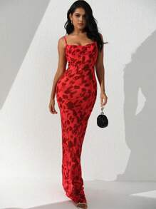 滿版印花魚尾裙下擺吊帶連衣裙