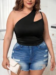 SHEIN Privé 大碼單肩鏤空上衣 - 黑色 - 查看 5