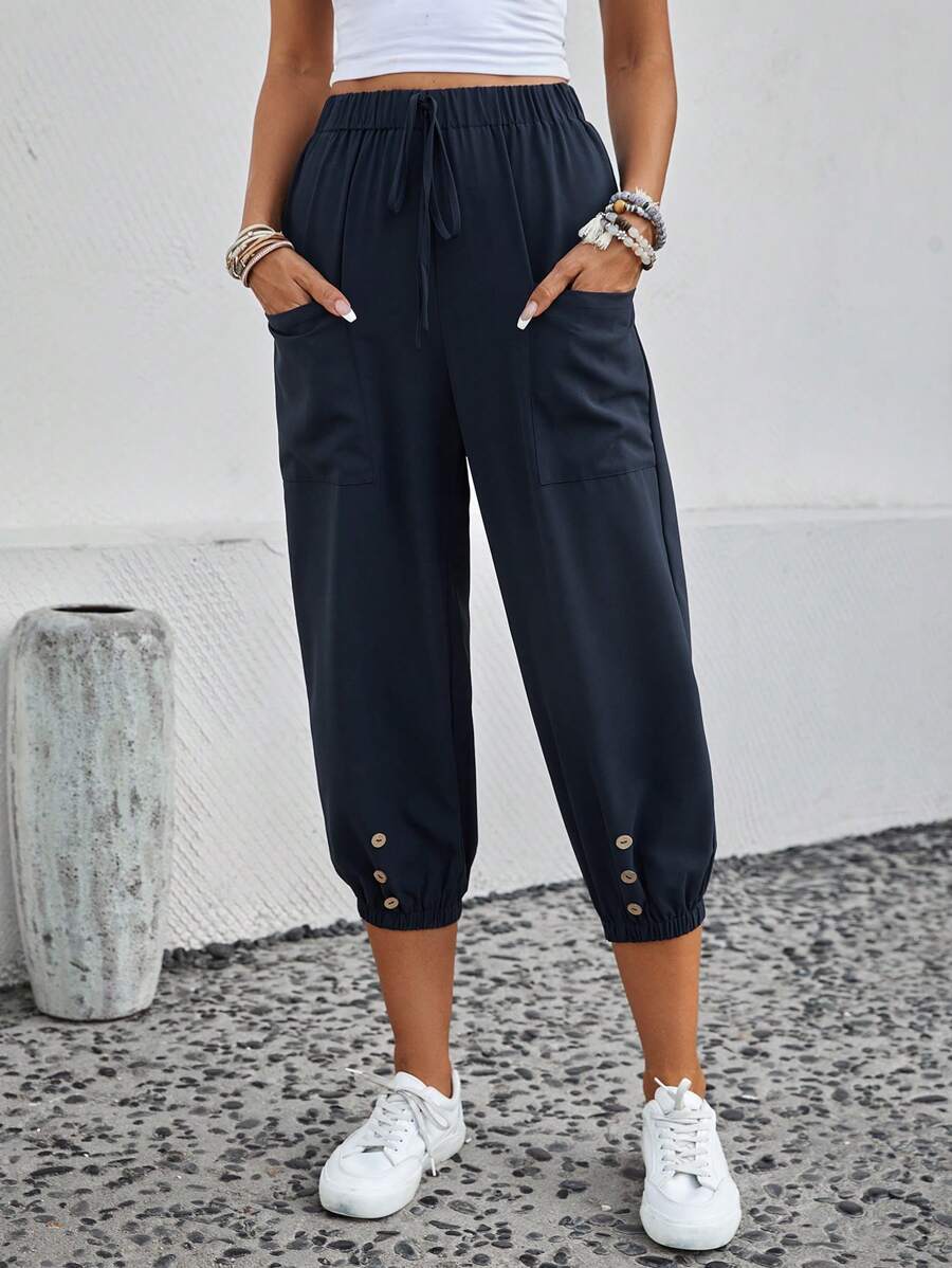SHEIN LUNE Dual Pocket Tie Front Button Detail Capri Pants - Navy Blue - View 1