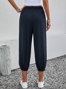 SHEIN LUNE Dual Pocket Tie Front Button Detail Capri Pants - Navy Blue - View 2