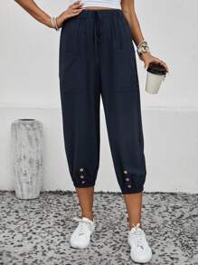 SHEIN LUNE Dual Pocket Tie Front Button Detail Capri Pants - Navy Blue - View 3