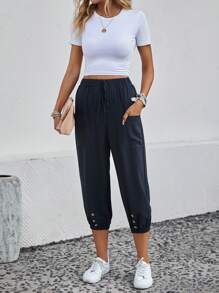 SHEIN LUNE Dual Pocket Tie Front Button Detail Capri Pants - Navy Blue - View 5