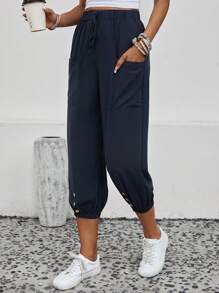 SHEIN LUNE Dual Pocket Tie Front Button Detail Capri Pants - Navy Blue - View 6